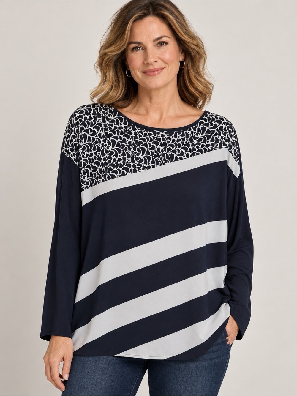 Chico's Navy and White Diagonal-Stripe Boatneck Top